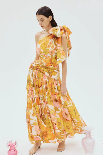 Summer New Shoulderless Sleeveless Bow Tie Ting Waist Layered Print Long Dress Woman